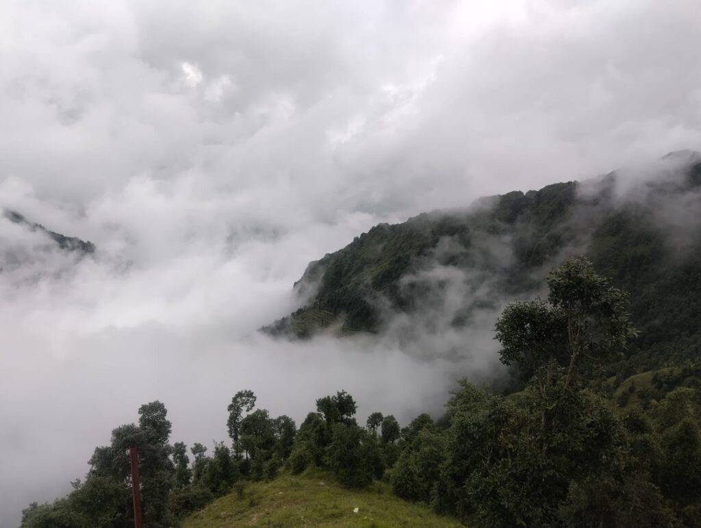 Lush green hills covered with clouds in Dhanaulti